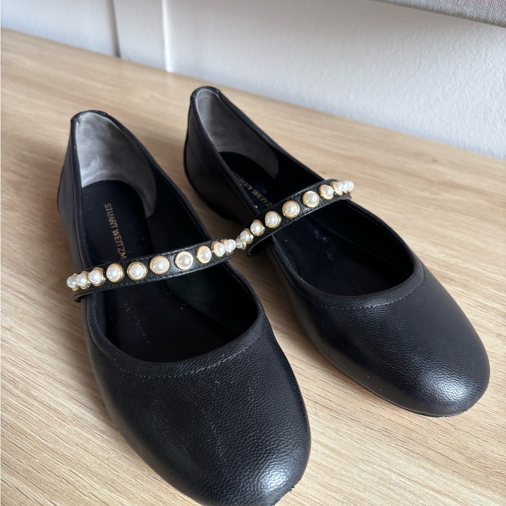 Stuart Weitzman Black Flats with Pearl Embellishments